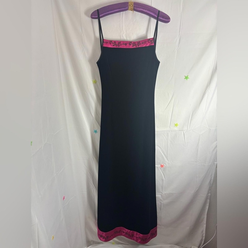 VTG 90s Whimsigoth Black Velvet Magenta Satin Rose Embroidered Maxi Dress Size L - Picture 11 of 16